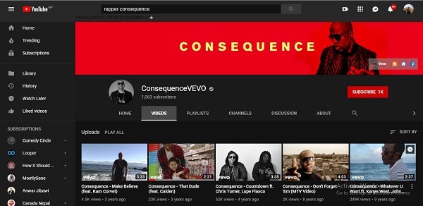 A picture of YouTube Channel of Rapper Consequence.